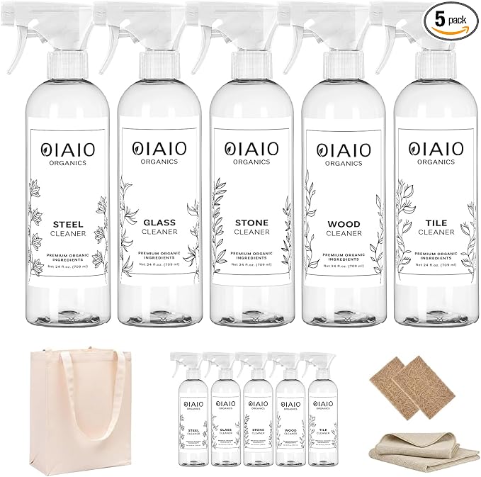Non-Toxic Household Cleaner 5pk Collection – Natural Organic Ingredients | 5 Cleaners, 1 Canvas Tote, 1 Microfiber Cloth, 2 Coconut Husk Scrubers