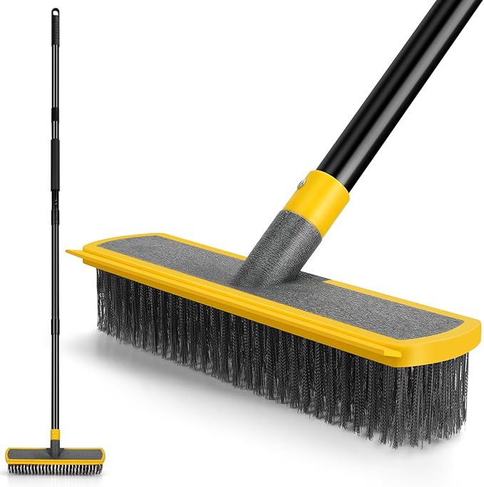 2 in 1 Stainless Steel Wire Brush Heavy Duty Floor Deck Scrub | 60" Long Handle Outdoor Push Broom for Moss Removal/Concrete/Patio/Deck/Garden/Pool/Floor Cleaning|Yellow