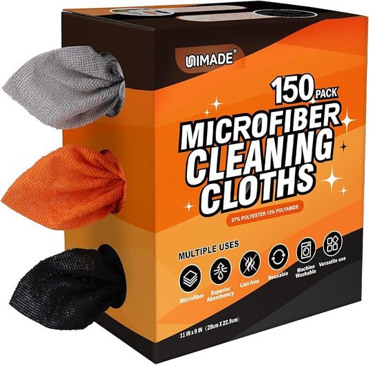 UNIMADE Microfiber Cleaning Cloth, 150 Pack Microfiber Towels for Cars | Reusable Paper Towels Lint Free Shop Rags with Box for Home Kitchen Automotive, 11"x 9", Grey & Orange & Black