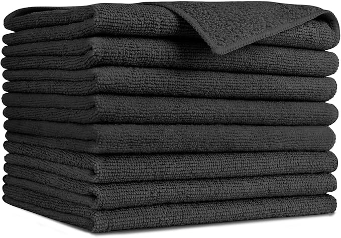 AIDEA Black Microfiber Cleaning Cloth-8PK, Cleaning Rags 12"x 16" Reusable | Microfiber Towels for Cars Lint Free, Absorbent Microfiber Towels, Kitchen Towels Dusting Cloth Dish Rags, Cleaning Supplies