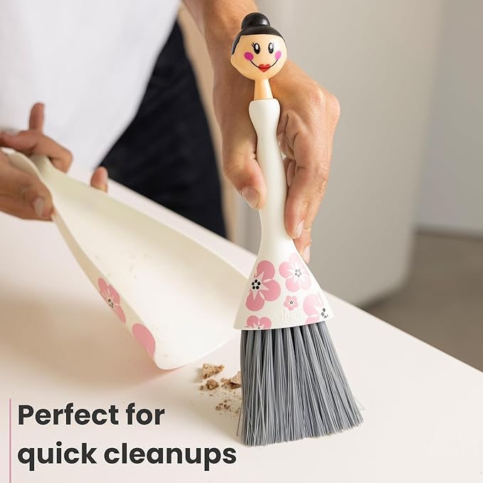 Vigar Mini Broom and Dustpan Set - Small Broom and Dustpan, Hand Broom for Desk, Kitchen, Car, Crumb Brush for Dust & Pet Hair, Decorative Doll Design, Portable Dust Pan Brush for Indoor - White