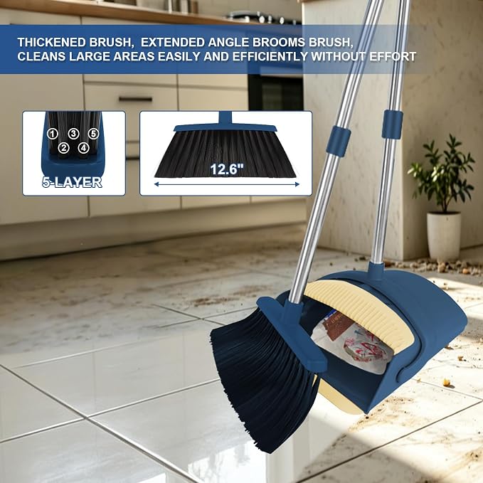 Broom and Dustpan Set, 51" Long Handle Broom with Mini Set Navy Blue | Mini Set for Tables, Kitchens & Tight Spaces, Built-in Comb Dustpan, Foldable Space-Saving Storage, Multi-Surface Use
