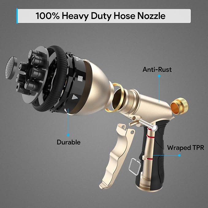 Heavy Duty Hose Nozzle, 9-IN-1 Spray Patterns, Spray Nozzles for Garden Hose with Metal Trigger & Lock Bar, 3/4" Thread & Connection Adapter, Suit for Watering Plants, Lawn, Car, Outdoor Pet