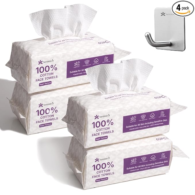 100% Cotton Disposable Face Towels, 240 Count | Soft Cotton Tissues for Sensitive Skin, Makeup Remover Dry Wipes, Lint-Free Facial Cleansing Cloths, Hanging Bag