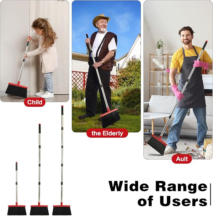 Broom and Dustpan Combo Set,Long Handle,Black Red | Dustpan with Cleaning Teeth Combo,Indoor Sweep Broom for Office Home Kitchen Lobby Floor
