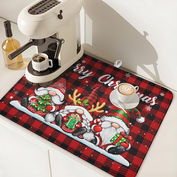 Merry Christmas Dish Drying Mat 18x24 Inch Xmas Santa Claus Winter | Polyester，Absorbent Microfiber，for Kitchen Coffee Dining Bar Decor