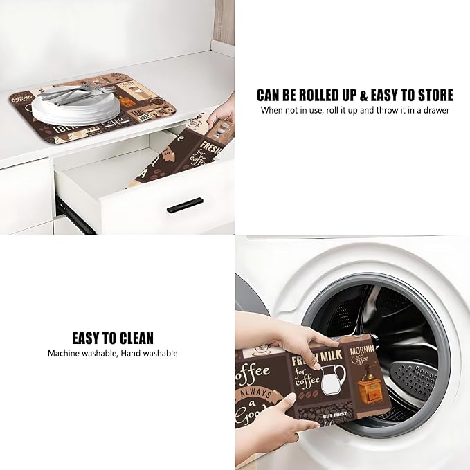 Dish Drying Mat 2-Pack in Coffee Bar for Kitchen Counter Dishes Mat | Diatom Mud Mats (18x24, 19.5x12"). Non-slip rubber back for kitchen counter, coffee bar & sink scenes
