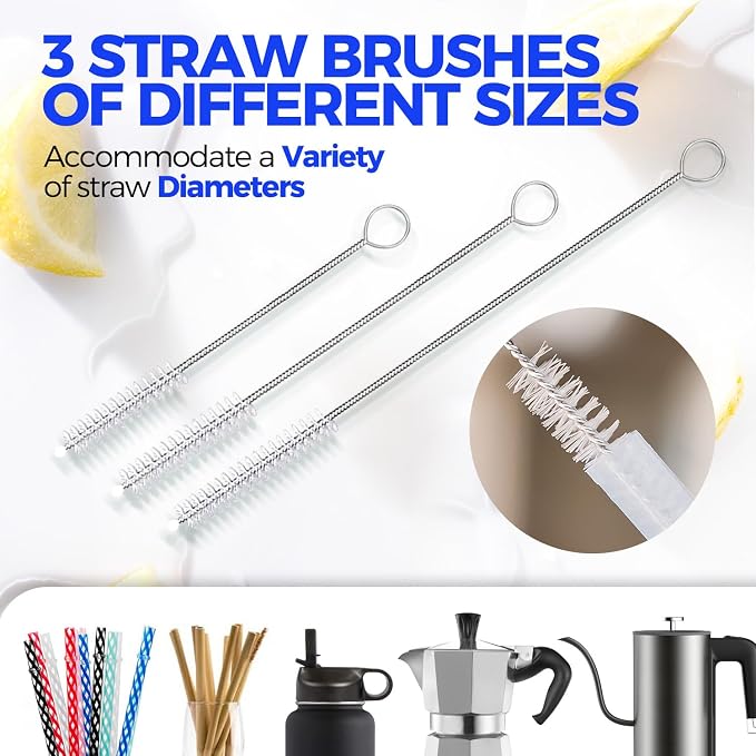 Holikme 5-Piece Bottle Brush Cleaner Set - 14" Stainless Steel Handle, 3 Straw Brushes, Cleans Water Bottles, Cups, Baby Bottles, Black & Grey