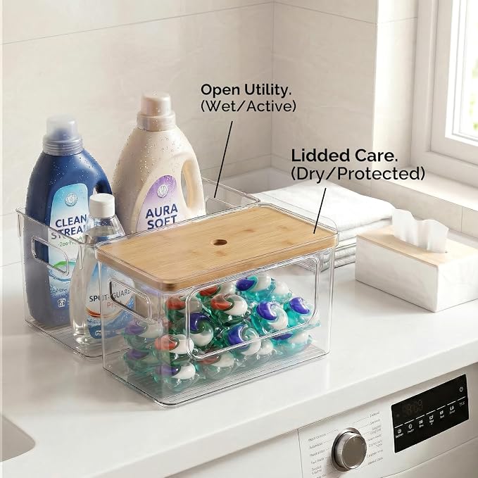 Hudgan 2 in 1 Acrylic Trash Bag Dispenser Under Sink, Garbage Bags Holder with Stackable Bamboo Top for Kitchen, Pantry, Laundry Room
