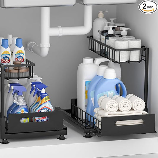 Saydear 2-Pack L-Shaped Under Sink Organizer, 2-Tier Pull-out Cabinet Rack | Black Height-Adjustable Steel Rack, Sliding Grid Drawers with PP Liners, Holds 100 Lbs, Suction Base, Ideal Kitchen Storage