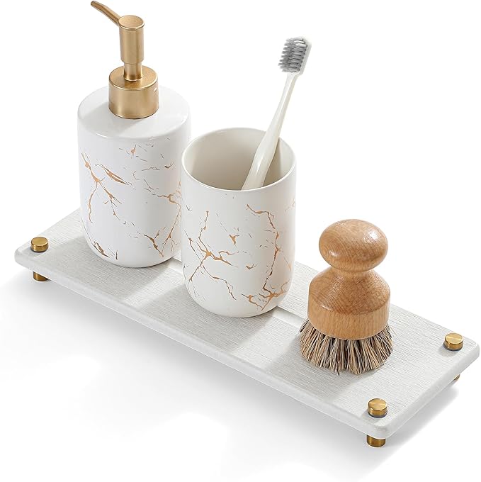 Razborci Water Absorbing Stone Sink Caddy Kitchen Sink Organizer Tray, Diatomite Bathroom Counter Tray, Gold Faucet Drying Mat Coaster Soap Dish Rack Riser Dispenser Sponge Holder, Beige 12.5" x 4.5"