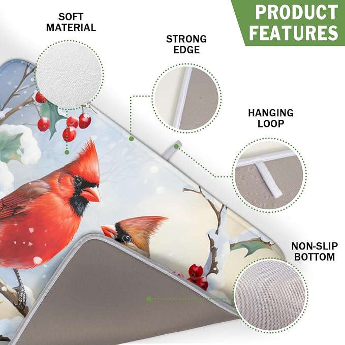 Winter Cardinal Birds Dish Drying Mat, Holly Berry Branches Dish Drying Mat for Kitchen Counter, Red Birds Absorbent Fast Dry Dish Drainer Mat Protector Xmas Microfiber Dish Drying Pad 16x18 Inch