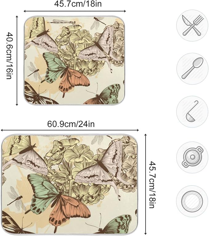 Super Absorbent Dish Drying Mat, Microfiber Fast-Drying Dish Mat, 24" x 18", Kitchen Dish Drying Pad, Retro Butterfly