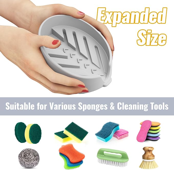 NiHome Silicone Sponge Holder for Kitchen Sink, Fits Scrub Daddy Mommy | Self-Draining Dispenser Organizer Tray, Sink Caddy Countertop Fits Soaps, Scrubber, Dishwasher Safe, Includes Brush, Gray