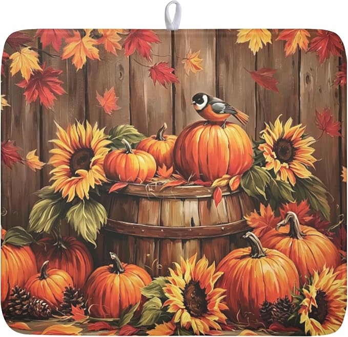 Fall Pumpkin Dish Drying Mat for Kitchen Counter Thanksgiving Autumn Harvest Pumpkin Microfiber Dish Drainer Mat Rustic Farmhouse Absorbent Washable Drying Pad 16"x18"