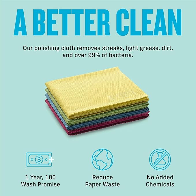 E-Cloth Glass & Polishing Cloths, Premium Microfiber Glass Cleaner, Great for Windows, Glass and Mirrors, Washable and Reusable, 100 Wash Guarantee, Assorted Colors, 8 Pack