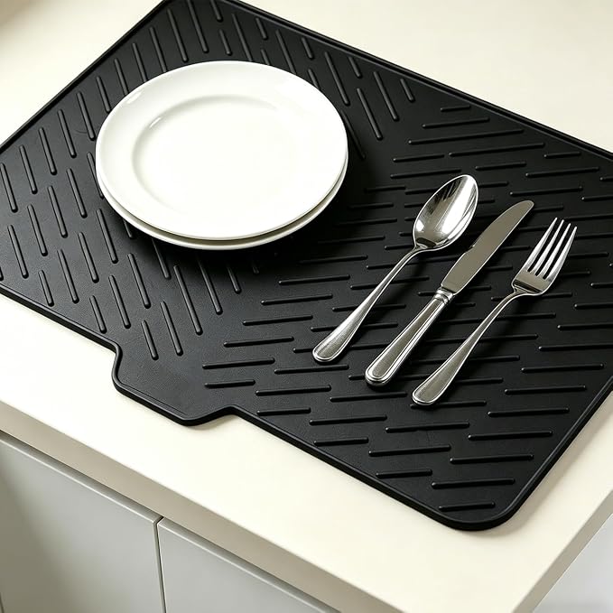 Silicone Dish Drying Mat for Kitchen Counter,23"X17" With Built-in Drain Lip,Food-Grade Silicone, Heat-Resistant Eco-friendly Hygienic Drying Mat Leak-Proof and Non-Slip, Multi-Functional Use（Black）
