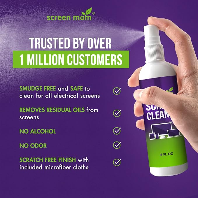 Screen Mom Screen Cleaner Spray 2 Pack-2x8oz for TV, Car, Laptop & Computer | Streak-Free Finish, Glass & OLED Safe, Alcohol-Free Formula, Cleans Phones & Tablets, No Residue, Includes Microfiber Cloths