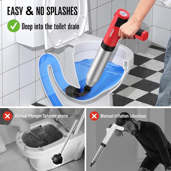POPULO Electric Toilet Plunger, Air Powered Toilet Clog Remover, Heavy Duty Power Plunger, High Pressure Drain Unclogger for Household Toilets, Electric Drain Clog Remover with Built-in Air Pump