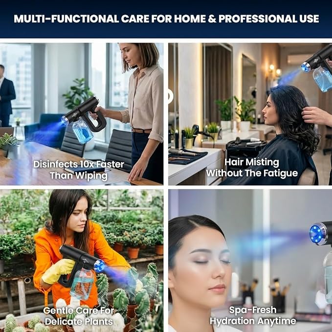 Professional Barber Disinfectant Spray Gun, Ultra Fine Mist Sprayer, Black | Continuous Spray Bottle with Blue Light, Easy to Use Lightweight and Rechargeable Sanitizer Gun, Multipurpose Fogger Machine