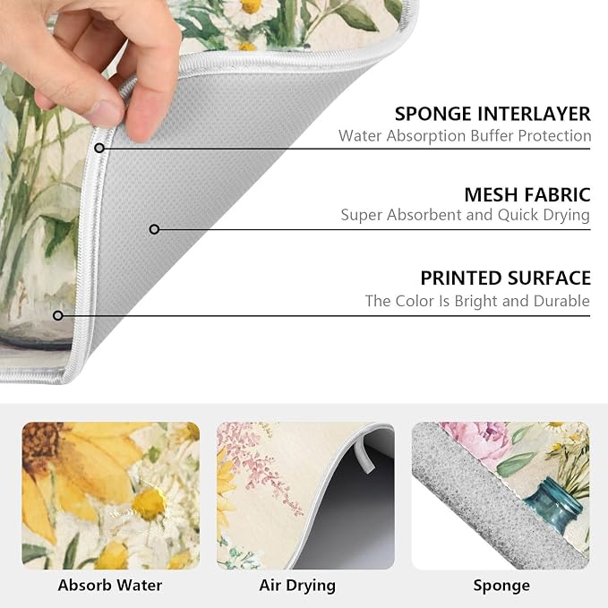 Spring Summer Floral Jars Flowers Dish Drying Mat for Kitchen Counter Absorbent Microfiber Small Drying Pad Dish Mats for Kitchen Countertops 16 x 18 Inch