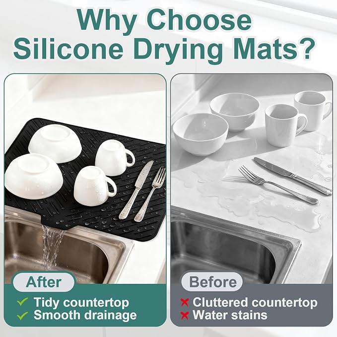 Silicone Dish Drying Mat 23x17,Food-Grade Silicone,Easy Clean Pad for Countertop Protection,Heat Resistant,Easy Clean,Non-Slip Drain Pad with Built-in Drain,Multi-Functional Use,Black