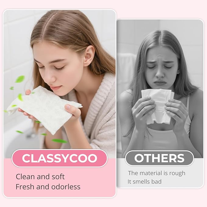 Classycoo 200 PCS Disposable Compressed Towels Tablets- Individually Wrapped Face Towel Travel, Portable Mini Magic Clean Towelettes Daily Single, Camping(Alcohol-Free, Odorless, Pink+White)