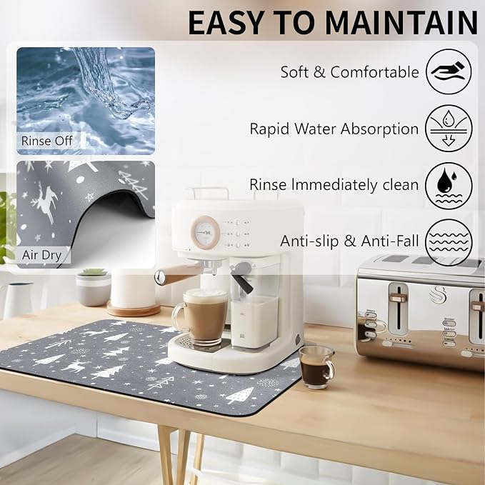 Christmas Dish Drying Mat, 16" x 24" Drying Mat for Kitchen Counter, Super Absorbent Coffee Mats Fits Under Coffee Maker, Kitchen Accessories for Espresso Machine, Gray