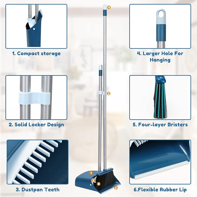 Standing Dustpan and Broom Set with 52" Long Extendable Handle for Home, Indoor, Kitchen Room Office Lobby Floor Cleaning