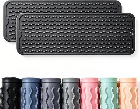 2 Pack Caketime Silicone Dish Drying Mat for Kitchen Counter Coffee Bar Easy to Clean Near Faucet Under Sink Bathroom Vanity Tray Small Gadgets Rack Home Decor Essentials 17"x6" Black