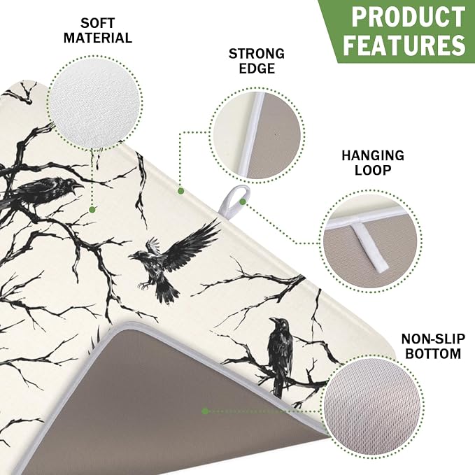 Halloween Crows Dish Drying Mat for Kitchen Counter Vintage Spooky Black Tree Branches Raven Pattern Microfiber Dish Drainer Mat Rustic Absorbent Washable Drying Pad 16"x18"