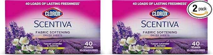 Clorox Scentiva Fabric Softening Dryer Sheets | Fabric Sheets in Tuscan Lavender & Jasmine | 40 Count Dryer Sheets That Reduce Wrinkles and Reduce Static Cling (Pack of 2)