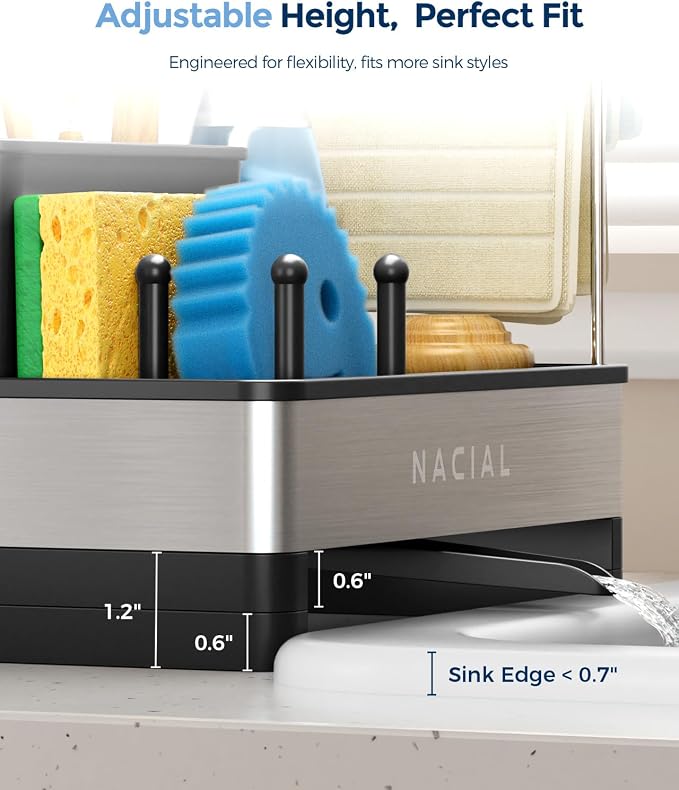 Nacial Kitchen Sink Caddy Organzier with High Brush Holder, Sponge Holder for Kitchen Sink with Two Towel Racks - Rustproof 304 Stainless Steel Kitchen Countertop Storage Essentials