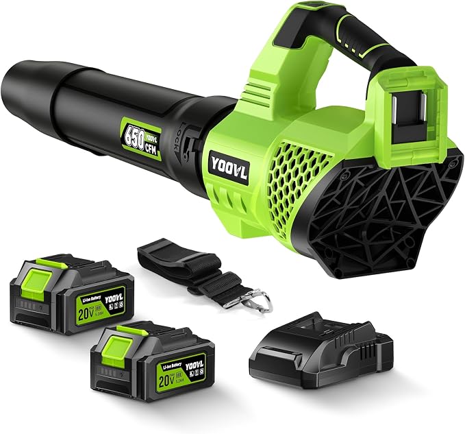 Leaf Blower Cordless, 650CFM Electric Leaf Blowers with 2 x 5.2Ah Batteries and Charger, 3 Speed Modes, 1 x Adjustable Shoulder Strap, Powerful Snow Blowers for Lawn Care, Patio, Dust, Blowing Leaves