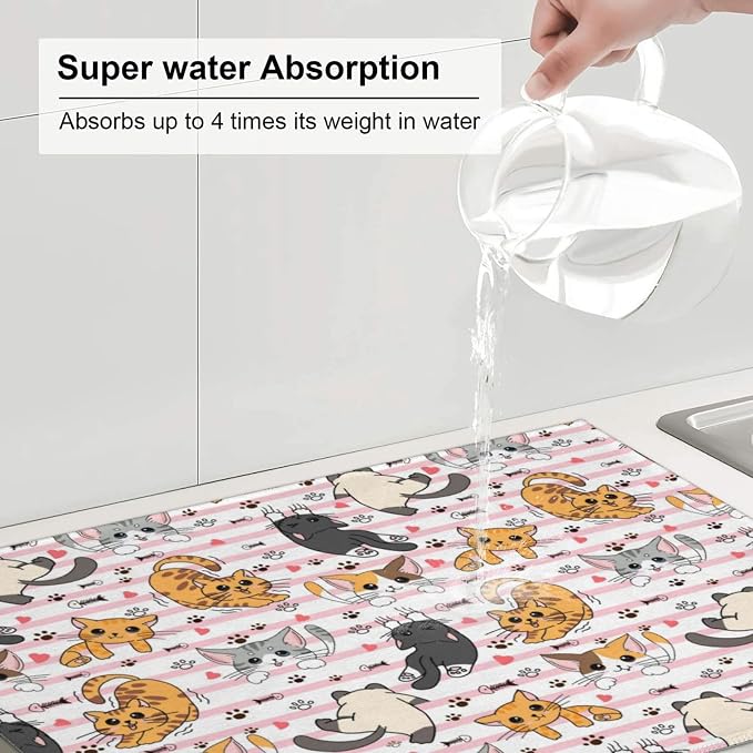 Cute Cat Dish Drying Mat for Kitchen Counter Cute Kitchen Dish Mat Microfiber Kitchen Countertop Absorbent Reversible Drainer Rack Pad