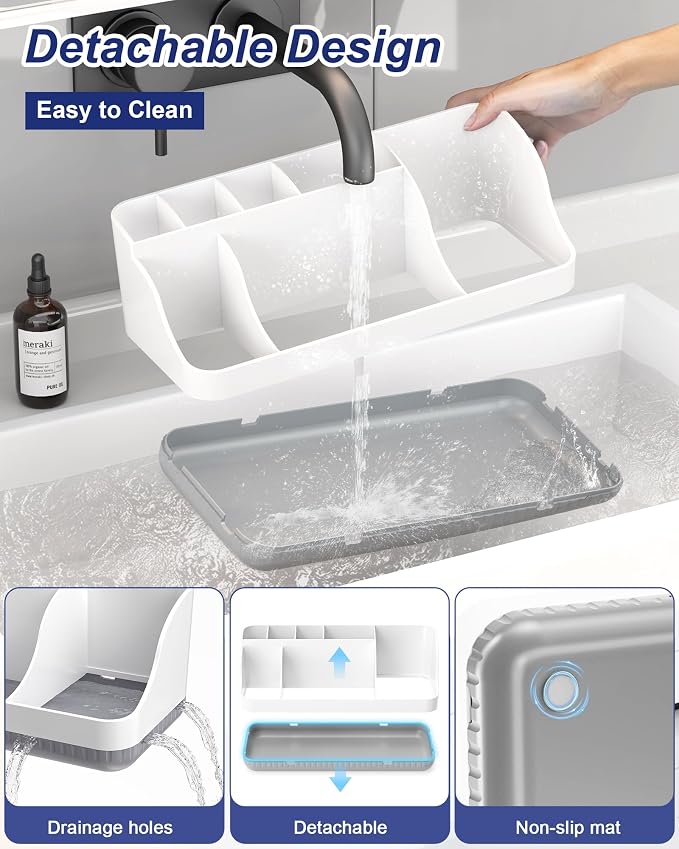 Bathroom Counter Organizer and Storage with 2 Pack Qtip Holder Dispenser, 7 Slots Detachable Toothbrush Holders for Bathrooms, Anti-Slip Electric Toothbrush and Toothpaste Holder Countertop