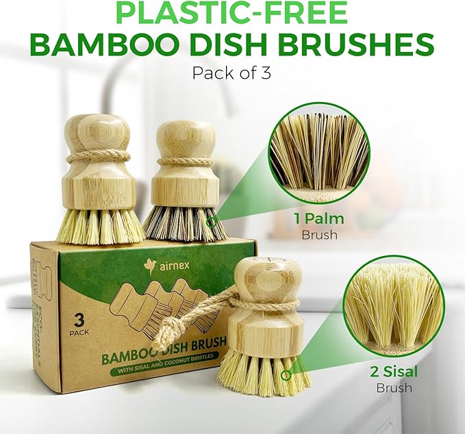 AIRNEX Bamboo Dish Brush Set of 3 - Natural Wooden Dish Scrubber w/Medium Stiff Sisal & Coconut Bristles - Kitchen Scrub Brush for Dishes, Pots & Pans - Plastic Free, Non Scratch Bristles