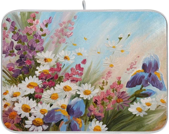 Absorbent Dish Drying Mat for Kitchen Counter - Cute Sunflowers Oil Painting Microfiber Drying Pad, Reversible Drainer Mats for Countertop, Small 16 x 18 inch