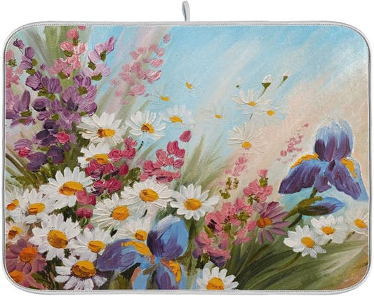 Absorbent Dish Drying Mat for Kitchen Counter - Cute Sunflowers Oil Painting Microfiber Drying Pad, Reversible Drainer Mats for Countertop, Small 16 x 18 inch