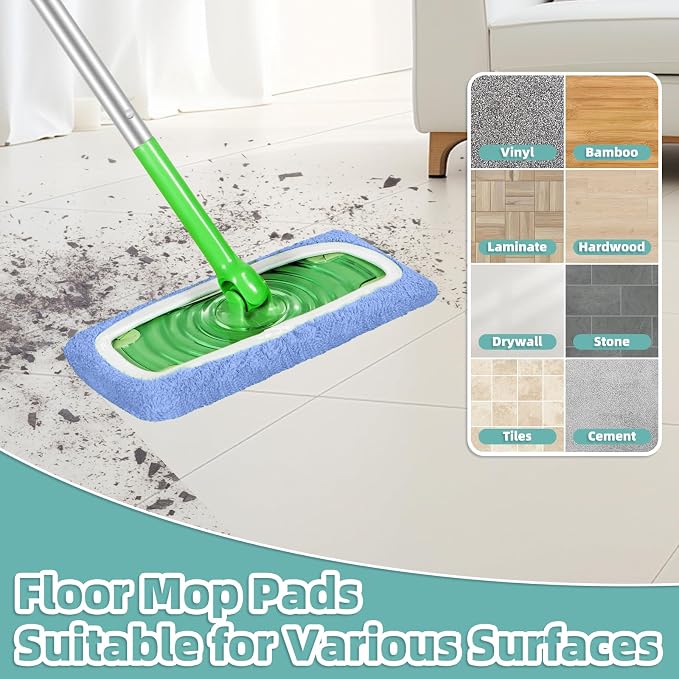 Reusable Mop Pads Compatible with Swiffer Sweeper Mop, Microfiber Dry Sweeping Cloths & Machine Washable Wet Pads Refill for Use on All Sealed Floors - Stone, Hardwood, Laminate & Tile (3 Blue)