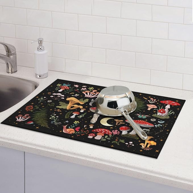 Mushroom Dish Drying Mat for Kitchen Counter 18"x24" Moth Gothic Witchy Dishes Pad Dish Drainer Rack Mats Microfiber Washable Absorbent Kitchen Decor, Black