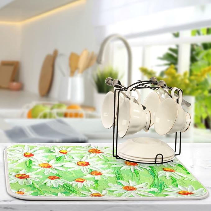 Absorbent Dish Drying Mat for Kitchen Counter - Green Sunflowers Oil Painting Microfiber Drying Pad, Reversible Drainer Mats for Countertop, Small 16 x 18 inch
