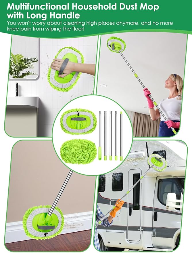 2 in 1 Lightweight Wall Cleaner Mop with Long Handle 75" 190cm Ceiling Duster Lint-Free Chenille Fiber Mop for Kitchen Baseboard Floor Glass Window Roof Cleaning Washer Scrubber Brush Tool Wet Dry Use