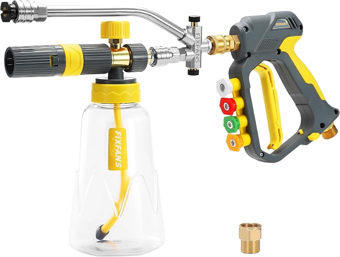 FIXFANS Foam Cannon Gun Dual Connector Accessory for Pressure Washer | Double Tip Attachment Soap Cannon with Power Washer Short Gun, Car Wash Foam Gun Kit, 1/4" Quick Connect, 5 Nozzle Tips
