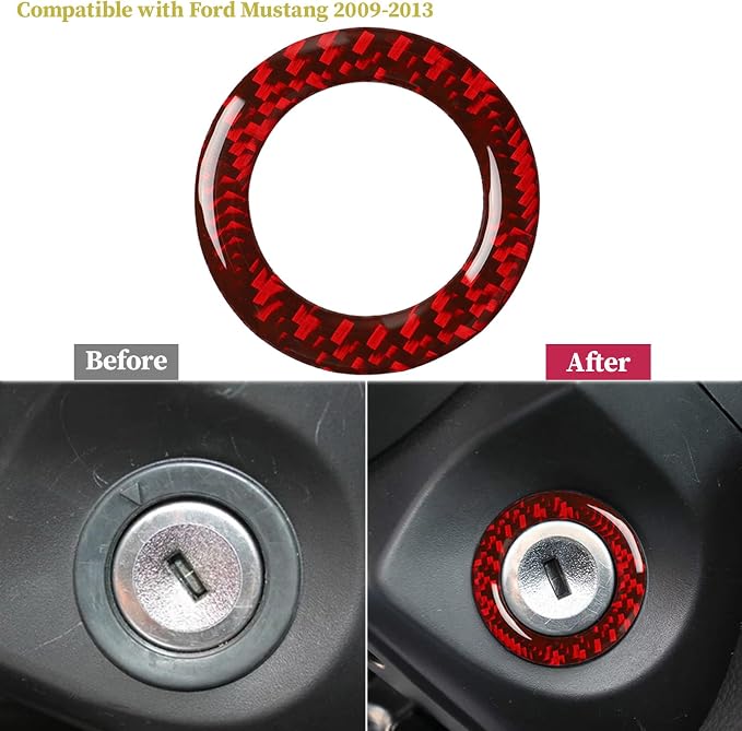 Real Carbon Fiber Trim for Ford Mustang Accessories | for 2009 2010 2011 2012 2013 Ignition Switch Cover Engine Start Stop Key Ring Interior Thick Overlay Decal