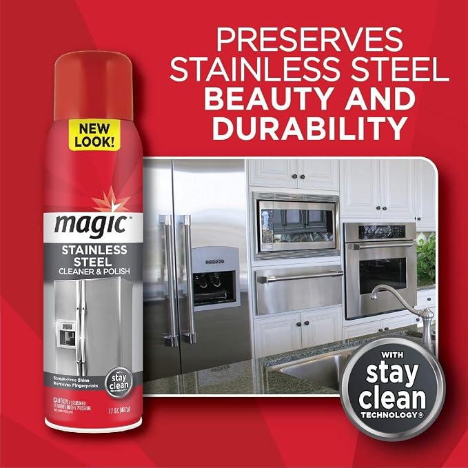Magic Stainless Steel Cleaner Aerosol - 17 Ounce (2 Pack)- Removes Fingerprints Residue Water Marks and Grease from Appliances - Refrigerator Dishwasher Oven Grill