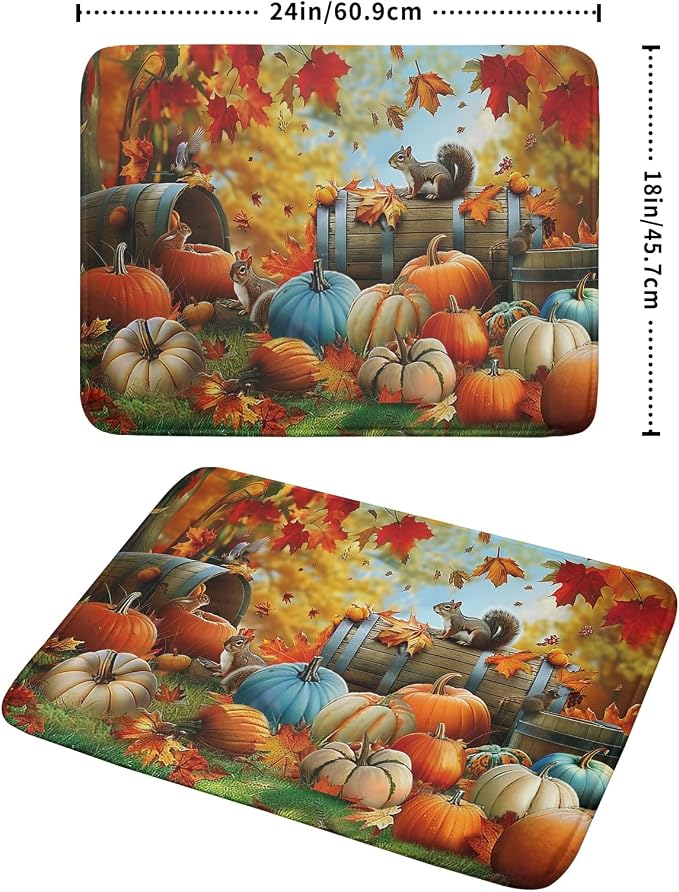 Fall Dish Drying Mat for Kitchen Counter Autumn Pumpkin Cute Squirrel Microfiber Absorbent Dish Draining Reusable Washable Foldable Extra Large 18"x24"