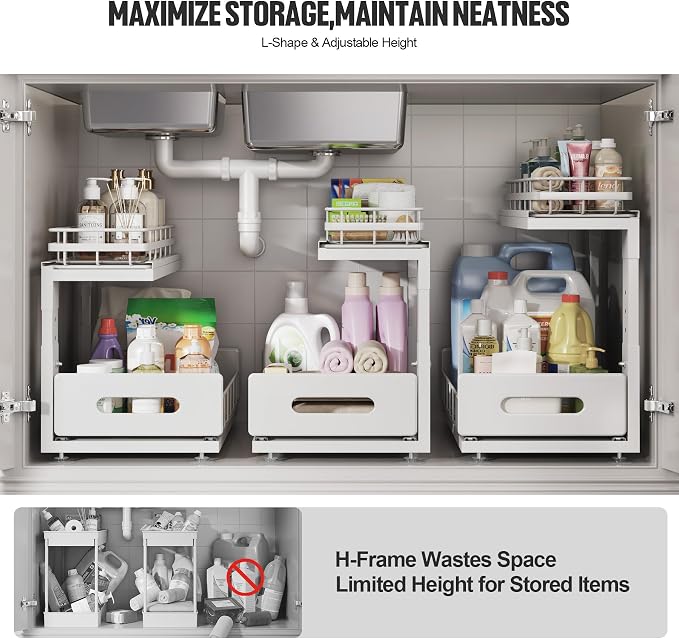 Under Sink Organizer Upgrade To Professional Rails,2-Tier Dual Pull Out Cabinet Storage,Height Adjustable Slide Out Drawers For Bathroom Kitchen,2 Pack-14.5" Dx12.8-16.9" H,White
