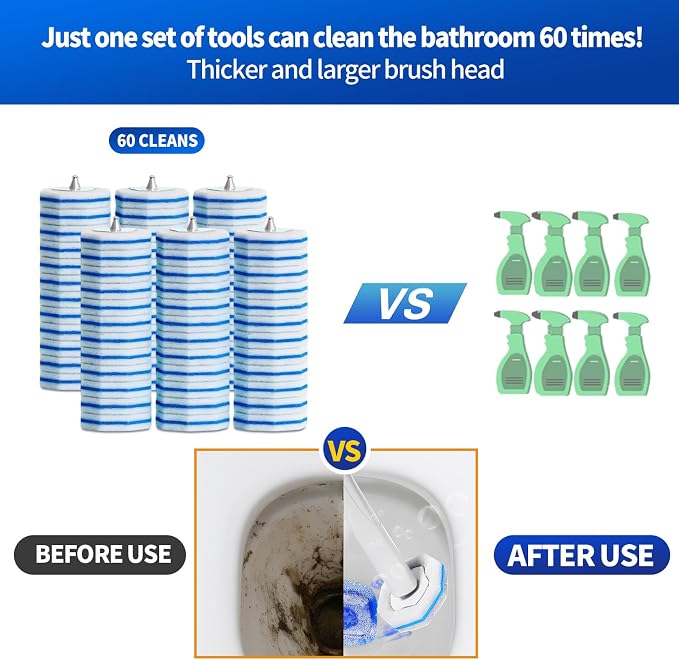 60pcs Disposable Toilet Brush Refill Pads, Replacement Brush Heads, Toilet Cleaner Refills，Disposable Wand Heads，Bathroom Cleaning，Toilet Cleaning Scrubbers Compatible with Most Toilet Brushes