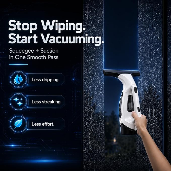 Window Vacuum Squeegee with Long Handle, Cordless Window Vacuum Cleaner, Electric Window Cleaner and Shower Glass Cleaner for Mirrors, High Windows, Tiles, Car Windows, 3000Pa, Type-C